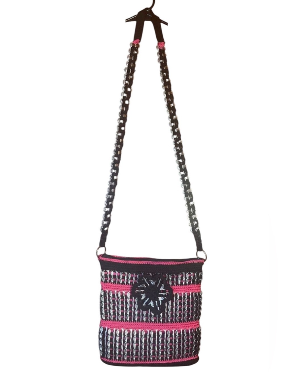 Recycled Soda Pop Can Tab Shoulder Purse Black Pink Crochet Zipper Boho Retro
